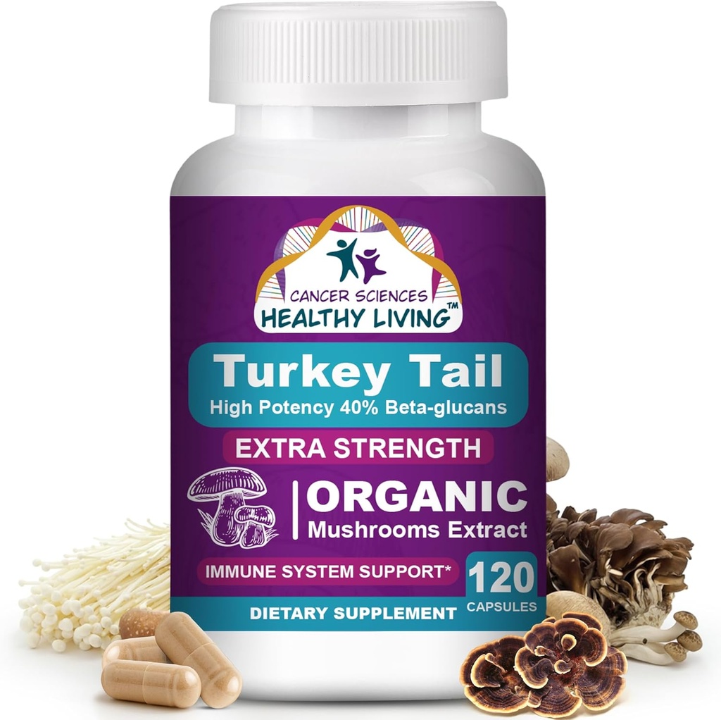 SCIENCES DE CANCER Turquie Tail Wellness Champignons Supplément, extrait biologique certifié USDA, force supplémentaire 1 500 mg, puissance élevée 40% Beta-Glucans, Gut & Immune Support, Digestive Naturel, 120 Capsules