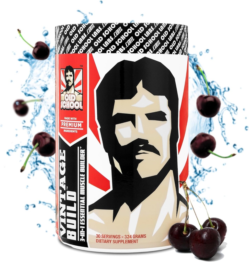 Vintage Build – Après l'entraînement Récupération et la construction musculaire boisson en poudre pour la force musculaire et la croissance - Réduit la douleur – Créatine monohydraté, BCAAs, L-Glutamine – Black Cherry Flavor – 324g