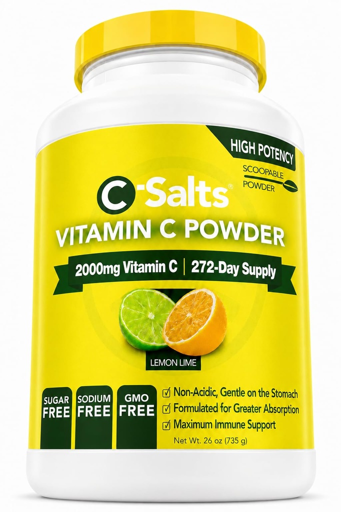 C-Salts Supplément en poudre de vitamine C - 100% de la poudre à haute dose de vitamine C tamponnée pour le soutien immunitaire - biologique, sans sucre, végétalien, non-OGM, estomac-friendly, citron Lime 26oz