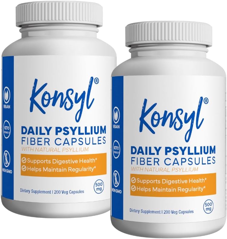 Konsyl Capsules quotidiennes de fibre de Psyllium - Contient 1500mg de poudre de musc de Psyllium tout naturel par portion - Soutient la santé digestive et la gestion du poids Objectifs+ (2 Pack - 200 Comptez chaque)