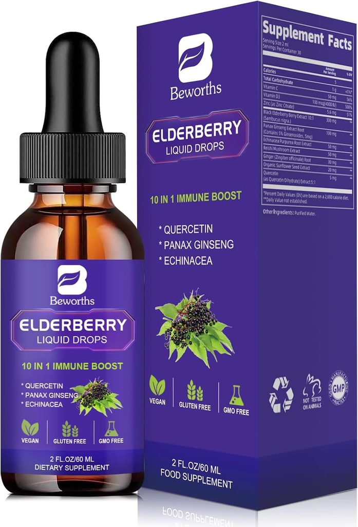Sirop de baies aînées Quercetin Black Elderberry Liquid Drop avec Quercetin, Panax Ginseng pour le soutien immunitaire