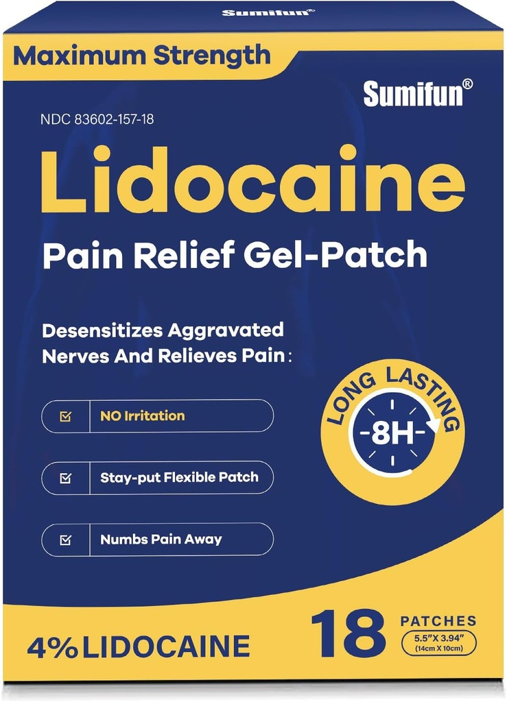 Sumifun 4% Patchs de soulagement de la douleur Lidocaine - OTC Force maximale – Flexible et longue durée, 18-Count Patchs de Lidocaine pour le dos, le cou, le muscle, la douleur articulaire - Patch de douleur non parfumé