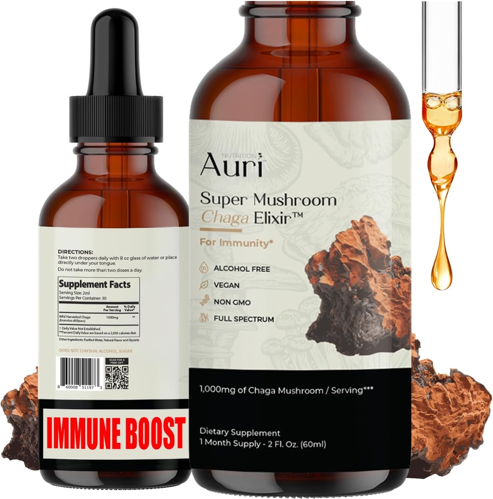 Auri Super Chaga Elixir - Supplément liquide de Champignon Superfood avec le support immunitaire spectre complet du stress oxydatif et de l'énergie Lift - Teinture Chaga 60ml