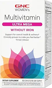 Multivitamines GNC Femmes Ultra Mega Sans Fer, Supplément Vitamine quotidien, Supporte Immune, Cerveau, Cheveux, Peau et Nails, 180 Caplets