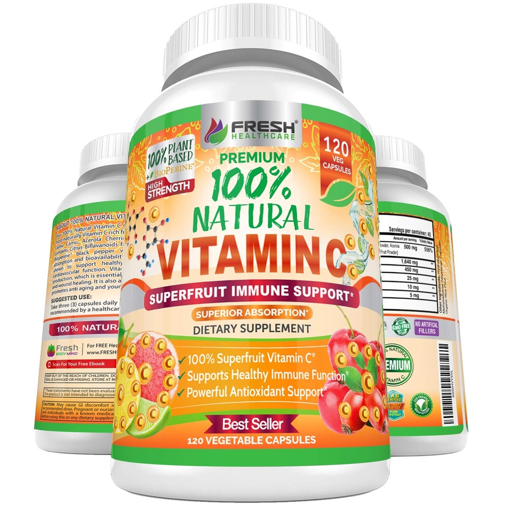 Fresh Healthcare Whole Food Vitamin C 500mg - Natural Supplement from Rose Hips, Acerola Cherry & Camu Camu - with Citrus Bioflavonoids for Immune Support - 120 Vegan Capsules