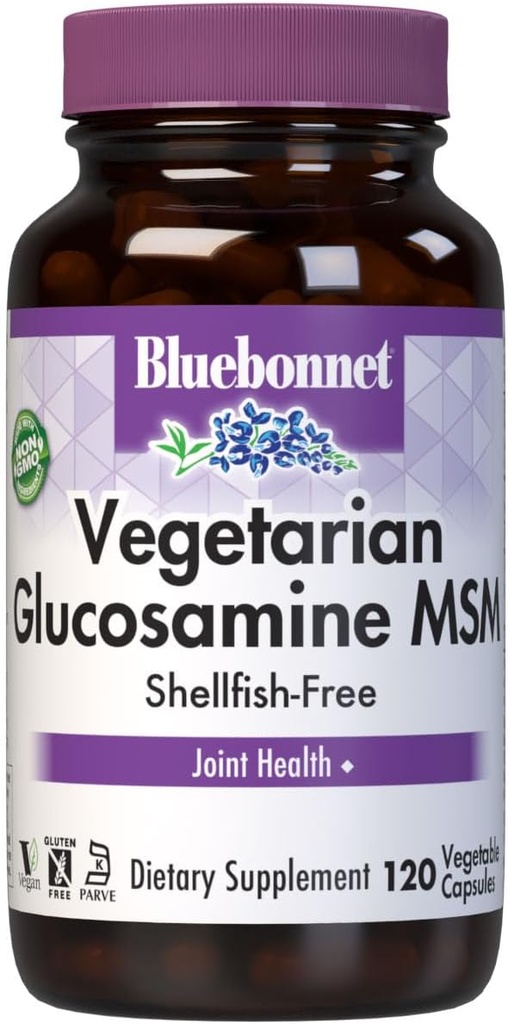 Bluebonnet Glucosamine végétarienne avec supplément MSM - Supplément de soutien mixte sans mollusques pour les femmes et les hommes - Glucosamine végétale HCI - Vegan, casher, sans soja, gluten et laiterie - 120 V Caps
