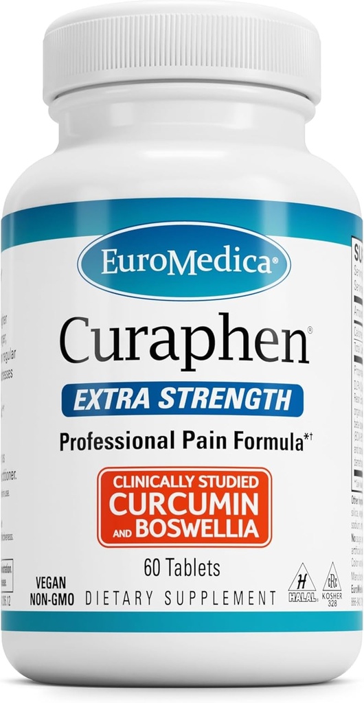 EuroMedica Curaphen Extra Strength - Supplément Curcumin & Boswellia pour le soutien de la circulation saine - Supplément curmérique pour soutenir les articulations, la santé musculaire et la production d'endorphine - 60 comprimés