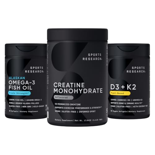 Sports Research® Triple Strength Omega 3 Fish Oil - Burpless Fish Oil Supplement w/EPA & DHA Fatty Acids, Creatine Monohydrate & Plant Based Vitamin D3 K2 with Coconut Oil