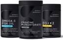Recherche sportive Huile de poisson Triple Strength Omega 3 - Supplément d'huile de poisson sans Burpless avec/EPA et DHA Acides gras, Créatine monohydratée et Vitamine végétale D3 K2 avec huile de coco