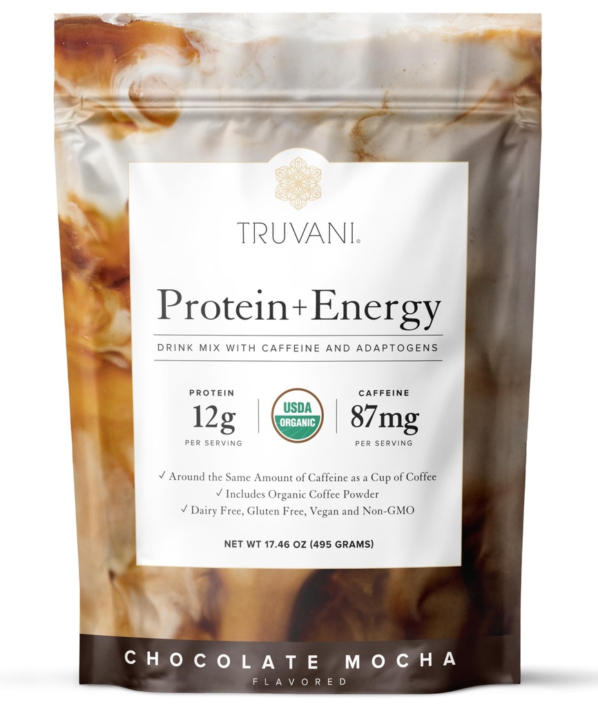 Truvani Protéine + boisson énergétique Mélange avec 87mg de caféine au chocolat Mocha 12g Protéine biologique à base de plantes 20 portions