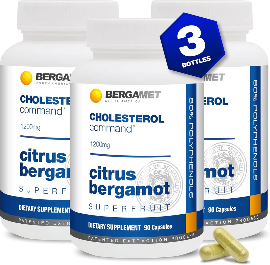 Cholestérol Command, Citrus Bergamot SuperFruit Supplement, 47% Bergamot Polyphénol Fraction (BPF) Formule brevetée, Fabriqué aux États-Unis, 3 mois, 270 capsules - 3 bouteilles