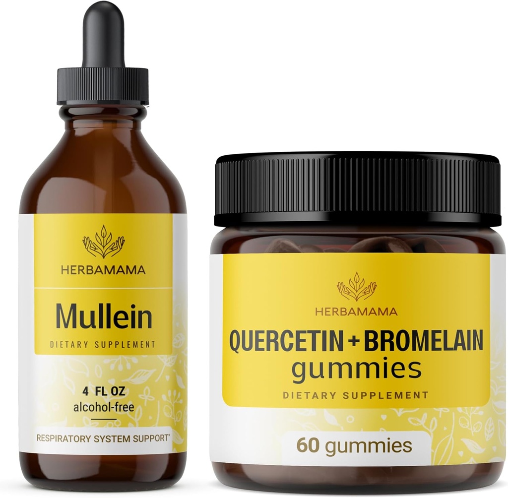 HERBAMAMA Mullein Leaf Extract and Quercetin Gummies Kit - Bundle of Mullein Leaf Drops 4 fl oz and 800 mg Quercetin with Bromelain Gummies - Vegan, Non-GMO, Alcohol-Free - 2 Pack