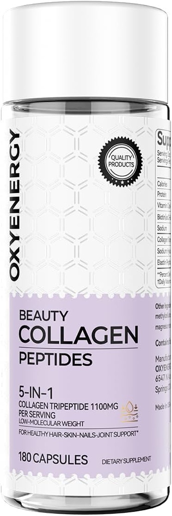OxyEnergy Collagen Peptides Capsules pour femmes, 1100mg Tripeptides de collagène hydrolysés (types I) suppléments avec biotine et vitamine C, 180 pilules de collagène pour favoriser les cheveux, ongles, peau, 2 mois d'approvisionnement