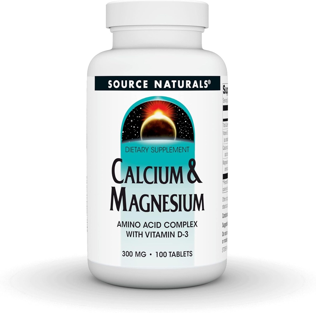 Source Naturals Calcium et magnésium, chélate d'acide amino avec vitamine D-3, 300 MG - 100 comprimés