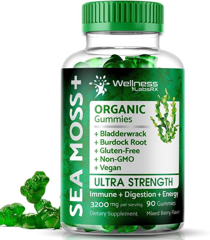 WELLNESS LABSRX Sea Moss Gummies, 3200mg Irish Sea Moss Mixte Berry Flavor avec la puissance maximale Bladderwrack et la racine de lard - soutient la peau, l'énergie et l'immunité - 90 Compte