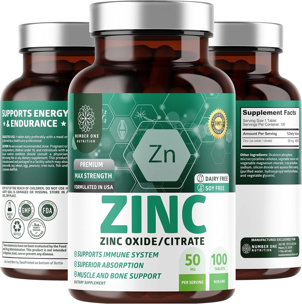 N1N Premium Zinc 50mg [3X Absorption, Vegan] Tous les suppléments naturels d'oxyde de zinc et de citrate pour le soutien immunitaire, la santé de la peau et une meilleure digestion, 100 comprimés