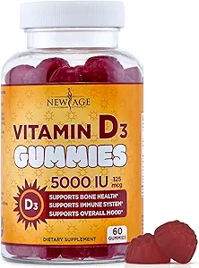 NOUVEAUX AGE Vitamine D3 5000 UI 125mcg Gommies - Soutien immunitaire, santé osseuse forte - Non-OGM, sans gluten, sans lait, sans gélatine (60 Gommies (paquet de 1))