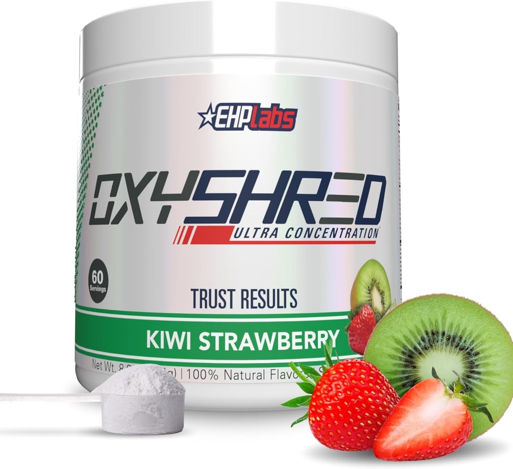EHP Labs OxyShred Pre Workout Powder - Preworkout Powder with L Glutamine & acétyl L Carnitine, Boissons Energy Boost - Kiwi Fraise, 60 portions