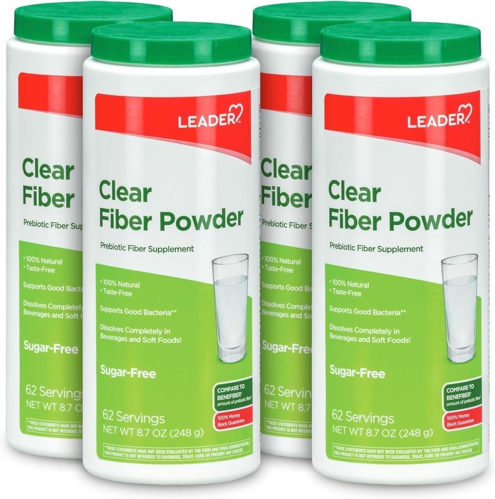 Poudre de supplément de fibre prébiotique de leader pour la santé digestive, 100% naturel en poudre de fibre quotidienne, sans sucre, sans goût, sans gluten, sans OGM, sans saveur, 62 portions (8,7 OZ) (paquet de 4)