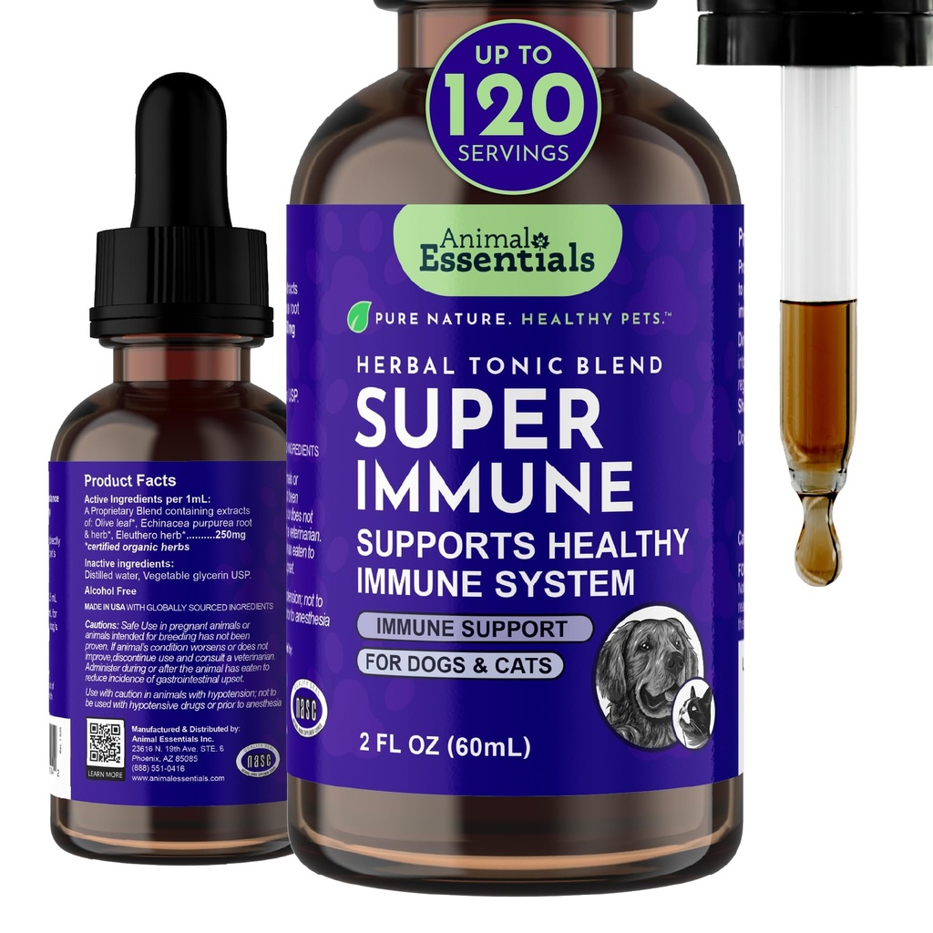 Animal Essentials Super Immune - Chien et chat Immune Support pour chiots avec extrait de feuille d'olive et Echinacea, racine d'olive pour chiens, soutient la santé respiratoire et le bien-être général - 2 fl oz