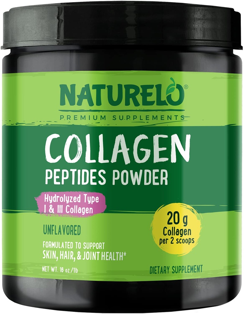NATURELO Collagène Peptide Poudre, Collagène Hydrolysé Type I et III, Cheveux de la peau et santé articulaire - Non aromatisé, 16 Ounces