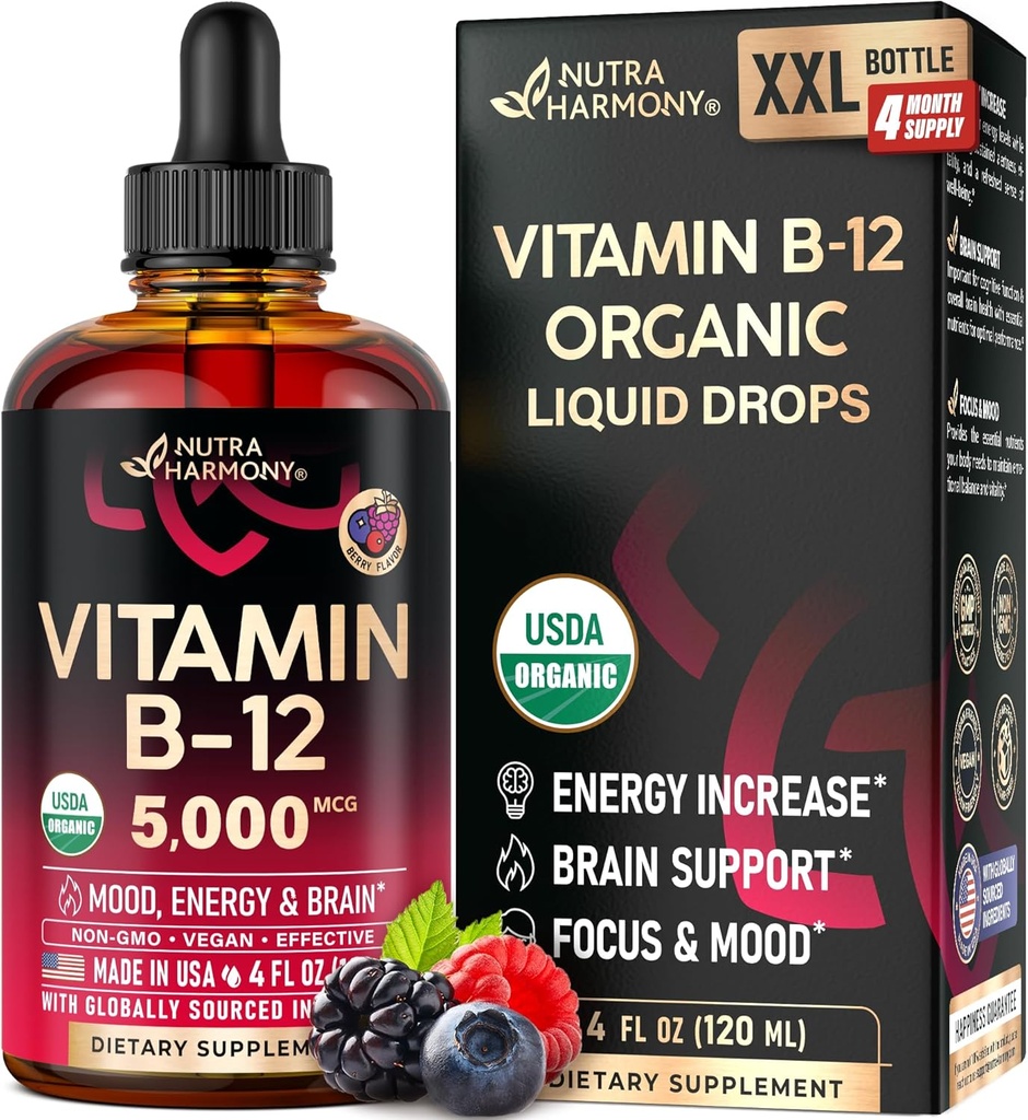 USDA Vitamine biologique B12 gouttes sublinguales - 5000 mcg de méthylcobalamine végane liquide pour les femmes et les hommes - Boost énergétique, focus et humeur, soutien à la santé cérébrale - Maximiser l'absorption - 4 mois d'approvisionnement, 4 fl oz