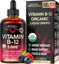USDA Vitamine biologique B12 gouttes sublinguales - 5000 mcg de méthylcobalamine végane liquide pour les femmes et les hommes - Boost énergétique, focus et humeur, soutien à la santé cérébrale - Maximiser l'absorption - 4 mois d'approvisionnement, 4 fl oz