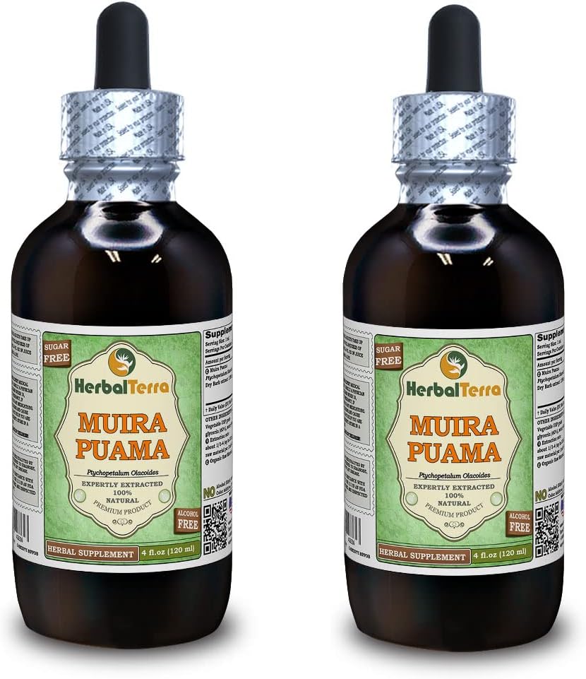 Muira Puama (Ptychopetalum Olacoides) Glycérite, extrait liquide sans alcool biologique (marque: HerbalTerra, fièrement fabriqué aux États-Unis) 2x4 fl.oz (2x120 ml)