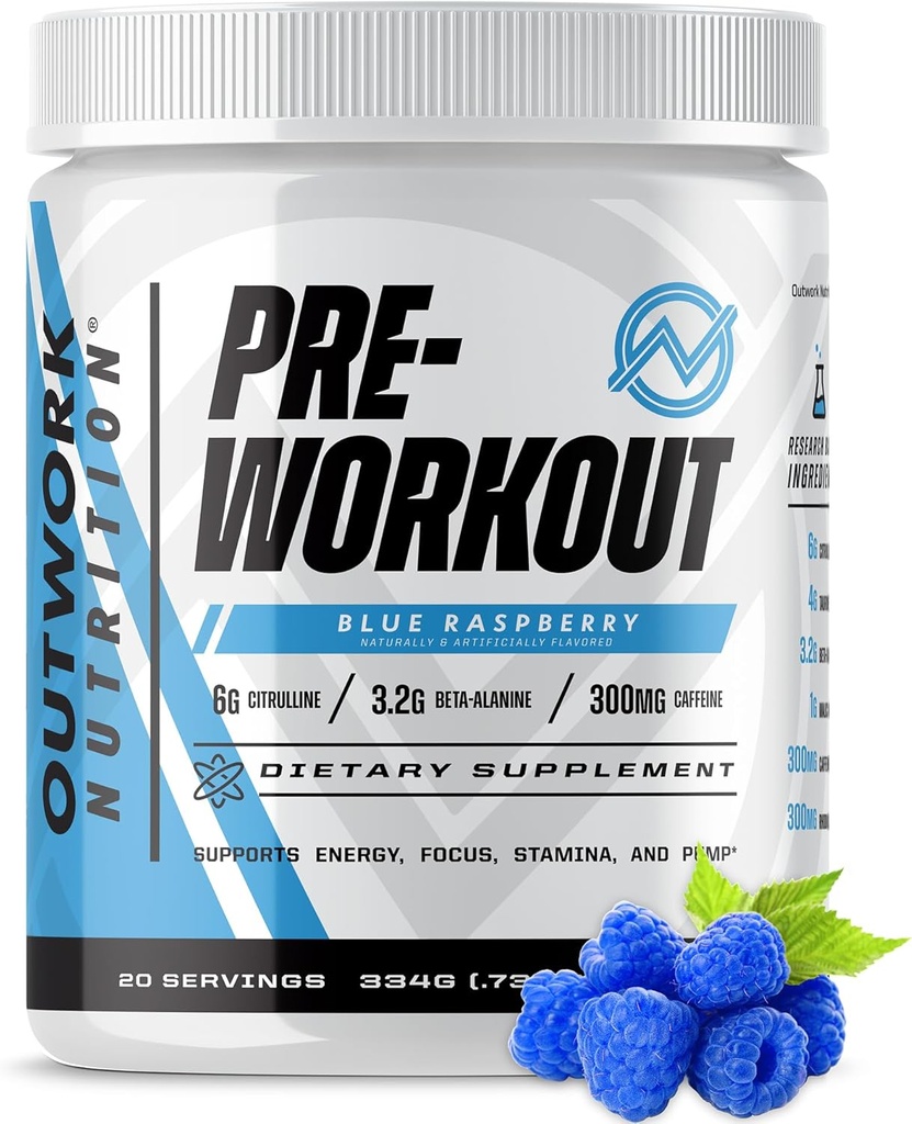 Outwork Nutrition Preworkout for Men & Women - Nootropic Pre Workout Without Creatine, Pre-Workout Powder with Taurine Rhodiola Citrulline Malate Beta Alanine Caffeine (Blue Raspberry)