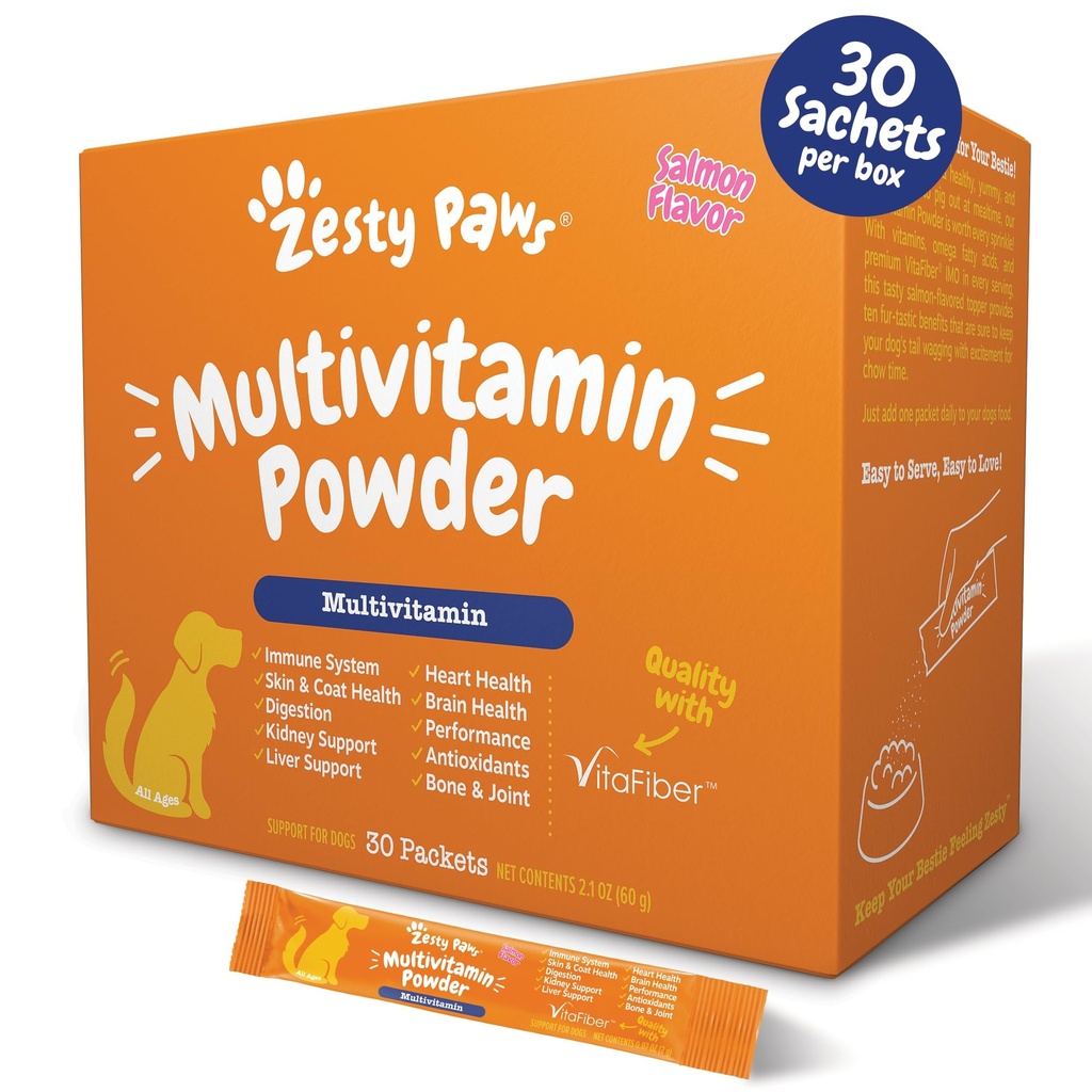 Zesty Paws 10-en-1 Multivitamine de chien - Gut, Immune, Joint, Skin & Coat Support, et plus - Vitamines et suppléments de chien en poudre - Suppléments pour animaux avec l'huile de poisson Oméga et VitaFiber - saumon - 30 Ct