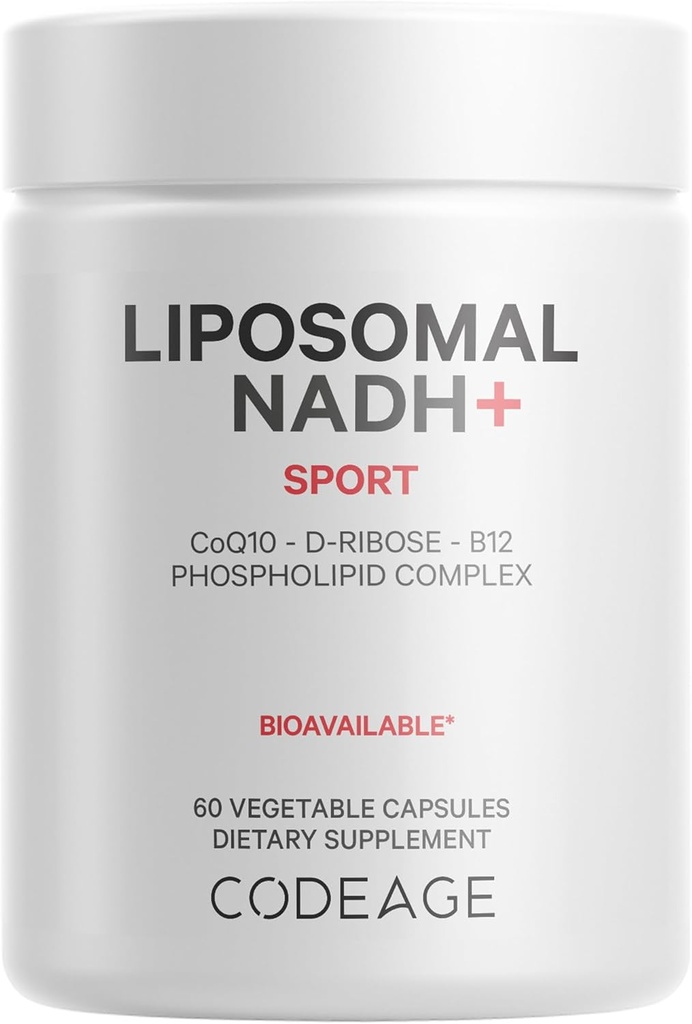 Codeage Liposomique NADH+ Supplément - NADH, vitamine B12, D-Ribose en bioénergie Ribose, CoQ10-2-Mois - Livraison liposomique - Adénine dinucléotidique β-Nicotinamide Pills - Non-OGM - 60 Capsules