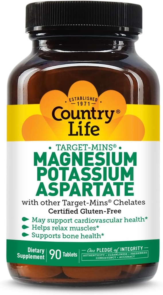 Pays Vie Cible Mins Magnésium Potassium Aspartate, 600mg/198mg, 90 comprimés, certifié sans gluten, certifié végétalien