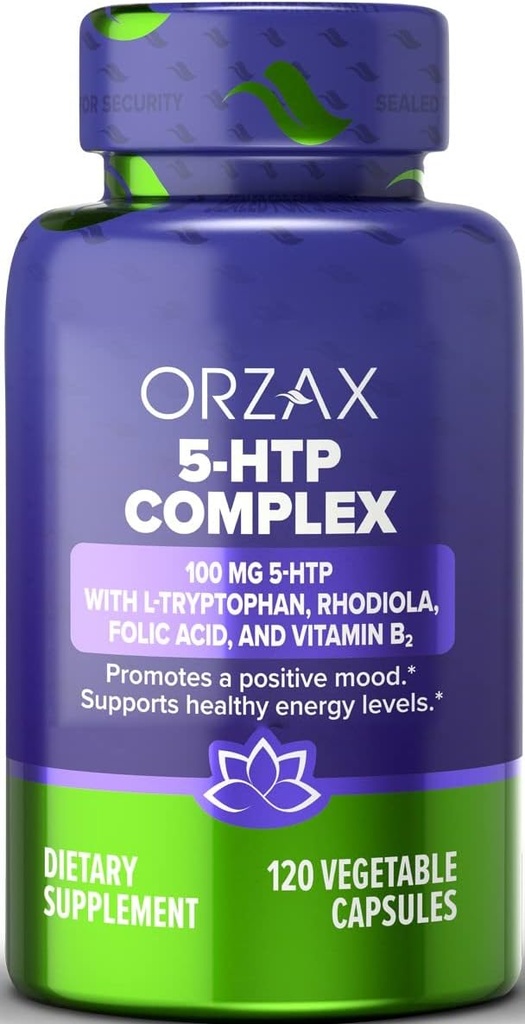 ORZAX 5-HTP 200mg Capsules de supplément avec L-Tryptophane, Rhodiola, vitamine B2 et acide folique - soutient Vitalité et suppléments de paix intérieure 100mg 5HTP par portion, 120 Capsules