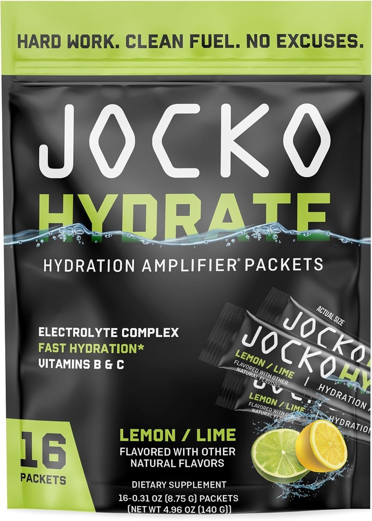 Jocko Carburant Packets Faible Sucre - Amplificateur d'hydratation Packets pour la récupération, la déshydratation, et l'exercice - avec les vitamines B6, B12 & C (16 Packets) Citron Lime