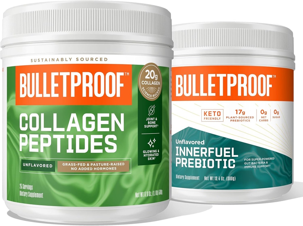 Kit Duo Bulletproof Collagen Peptides Protéines Poudre pour la peau, les os et les articulations — 18g Protéines, 17.6 Oz & InnerFuel Poudre de Fibre Prébiotique pour Gut, Gas Relief, Digestive Health et Immune Support