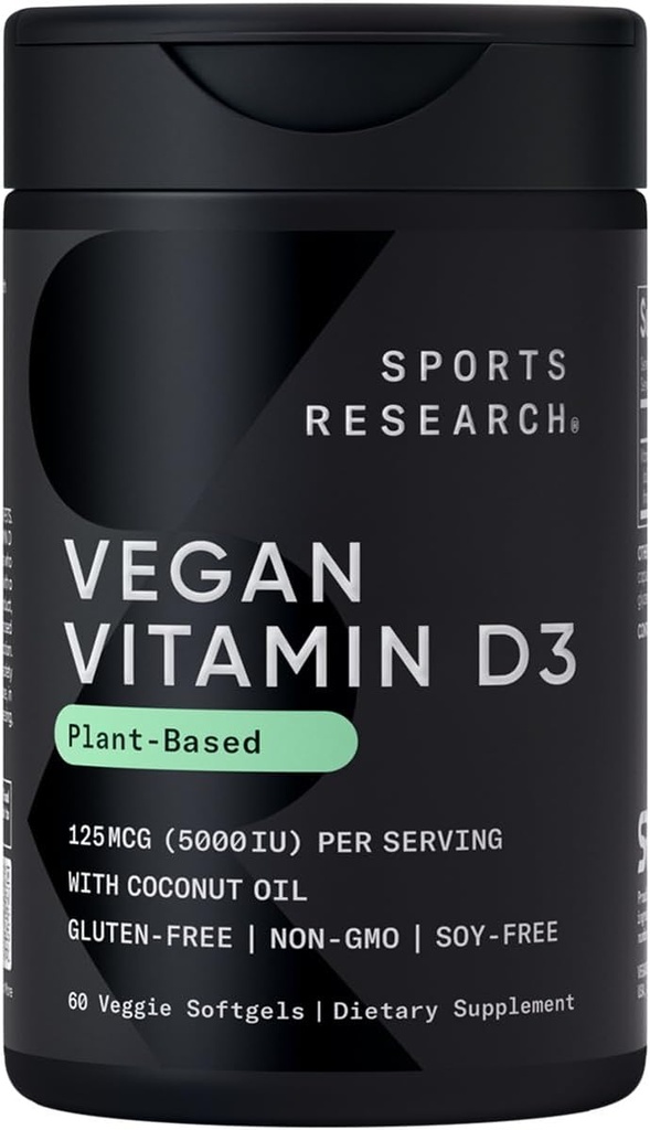 Recherche sportive Vitamine végétalienne D3 5000IU (125 mcg) avec huile de noix de coco. 100% Vitamine végétale D pour os, joint et immunosupport de carrageenan libre, certifié végétalien et non-OGM vérifié (60 Softgels)