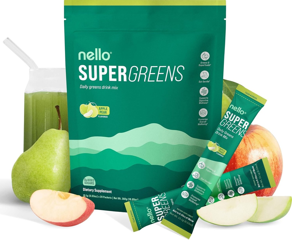 Nello Supergreens Superfood Drink Mix avec Chlorella, Moringa, Épinards, Brocoli, Enzymes digestifs et Probiotiques – Arôme de poire à pomme, 20 portions, Pack de voyage