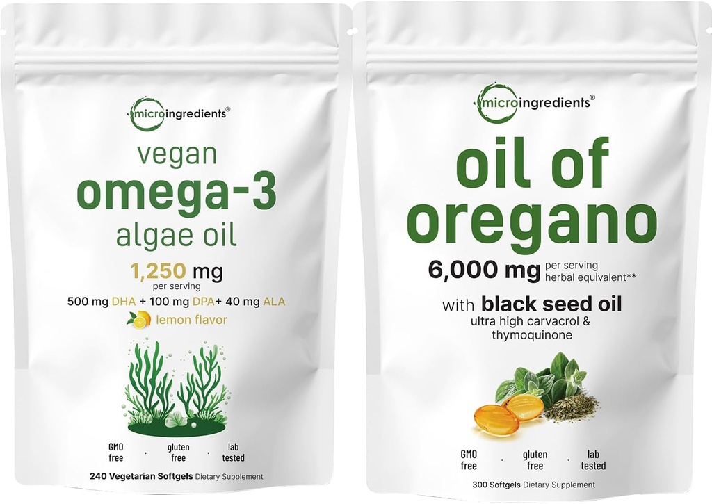 Micro Ingredients Oil of Oregano Softgels 300 Count & Vegan Omega 3 Algae Oil Supplement Bundle 2 Pack | Carvacrol & Thymoquinone | Full Spectrum Omega-3 Alternative