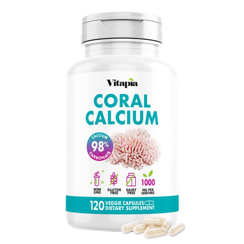 Vitapia Coral Calcium Powder 1000mg Capsules pour la santé globale, la santé des os, équilibre des niveaux de PH, soutien des minéraux traces - 120 Capsules de légumes - Supplément sans OGM et sans gluten