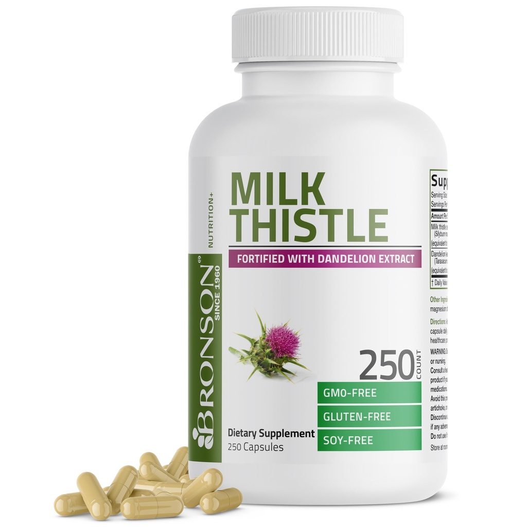 Bronson Milk Thistle Silymarin Marianum & Dandelion Extract Liver Health Support, Antioxidant Support, Detox, 250 Capsules