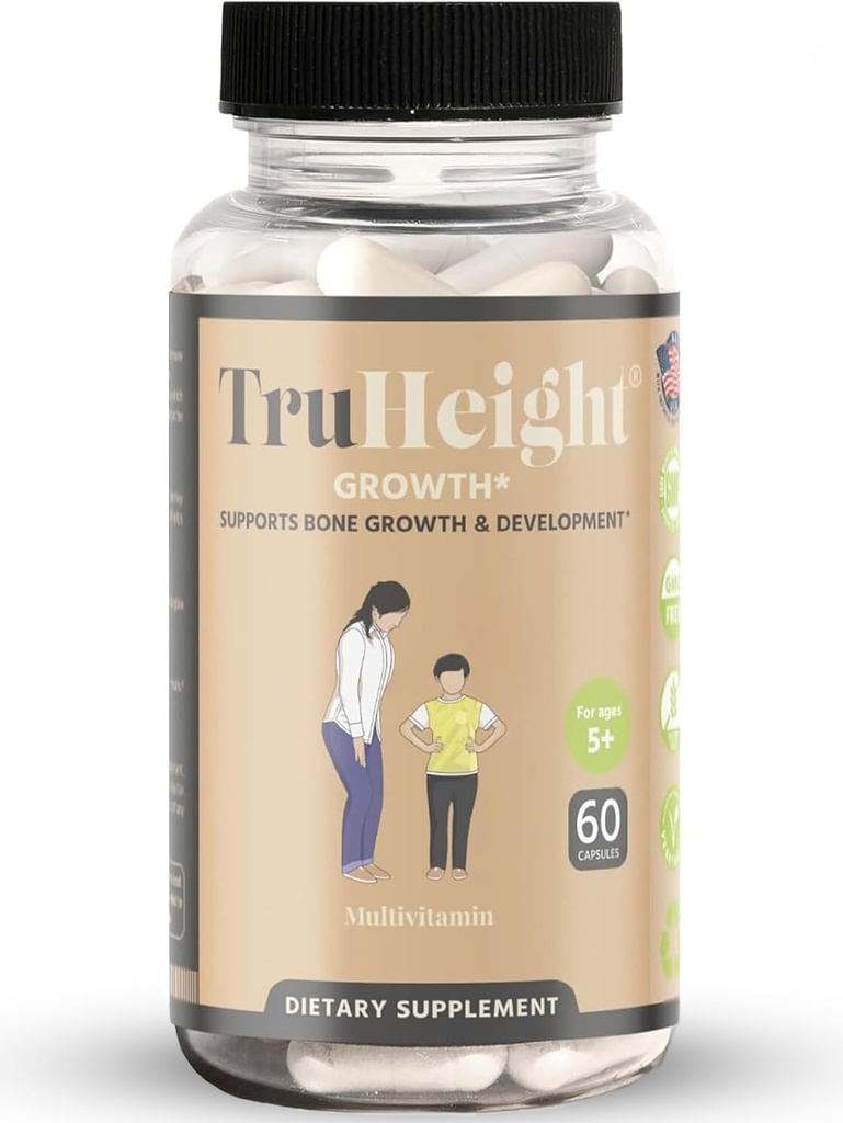 Capsules de croissance TruHeight - Supplément naturel de croissance et de développement pour les enfants et les adolescents - Endossé par les pédiatres - Vitamine D, K, Calcium et Ashwagandha - Capsules de force osseuse - Vitamines pour enfants, 5 ans et plus