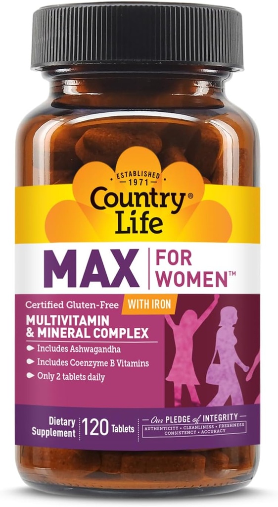 Country Life Max pour les femmes - Multivitamine et complexe minéral, sans fer - 120 comprimés