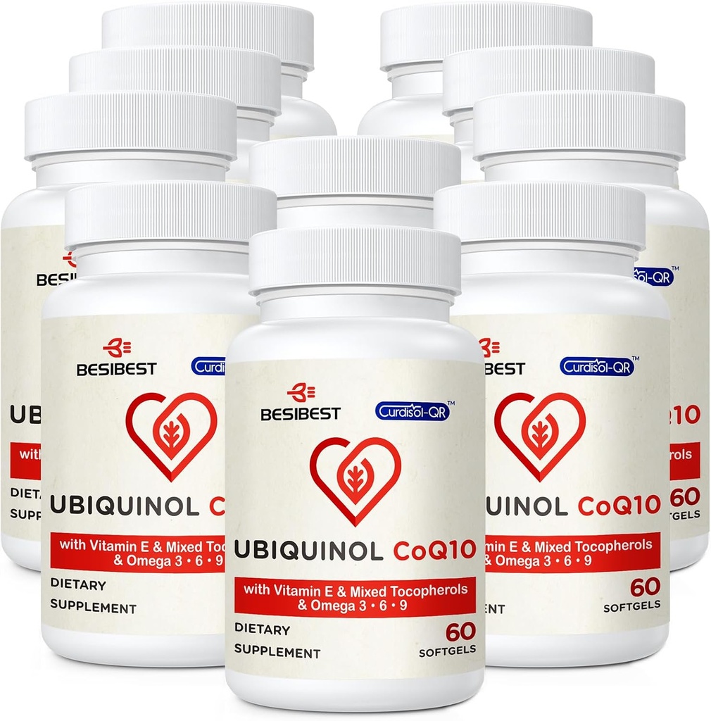 Ubiquinol CoQ10-600mg-Softgel, supplément actif d'Ubiquinol Coq10 avec vitamine E et oméga 3, 6, 9, haute absorption-Coenzyme-Q10, puissant antioxydant pour la production d'énergie, testé, 600 Compte