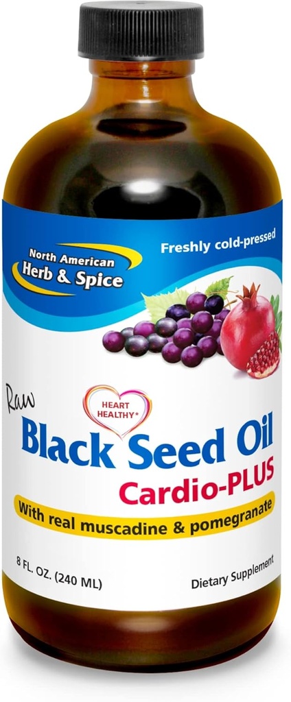 NORTH AMERICAN HERB & SPICE Huile de graines noires Cardio-Plus - 8 fl oz - Soutient la santé cardiaque avec la muscadine et la grenade - Non-OGM - 48 portions