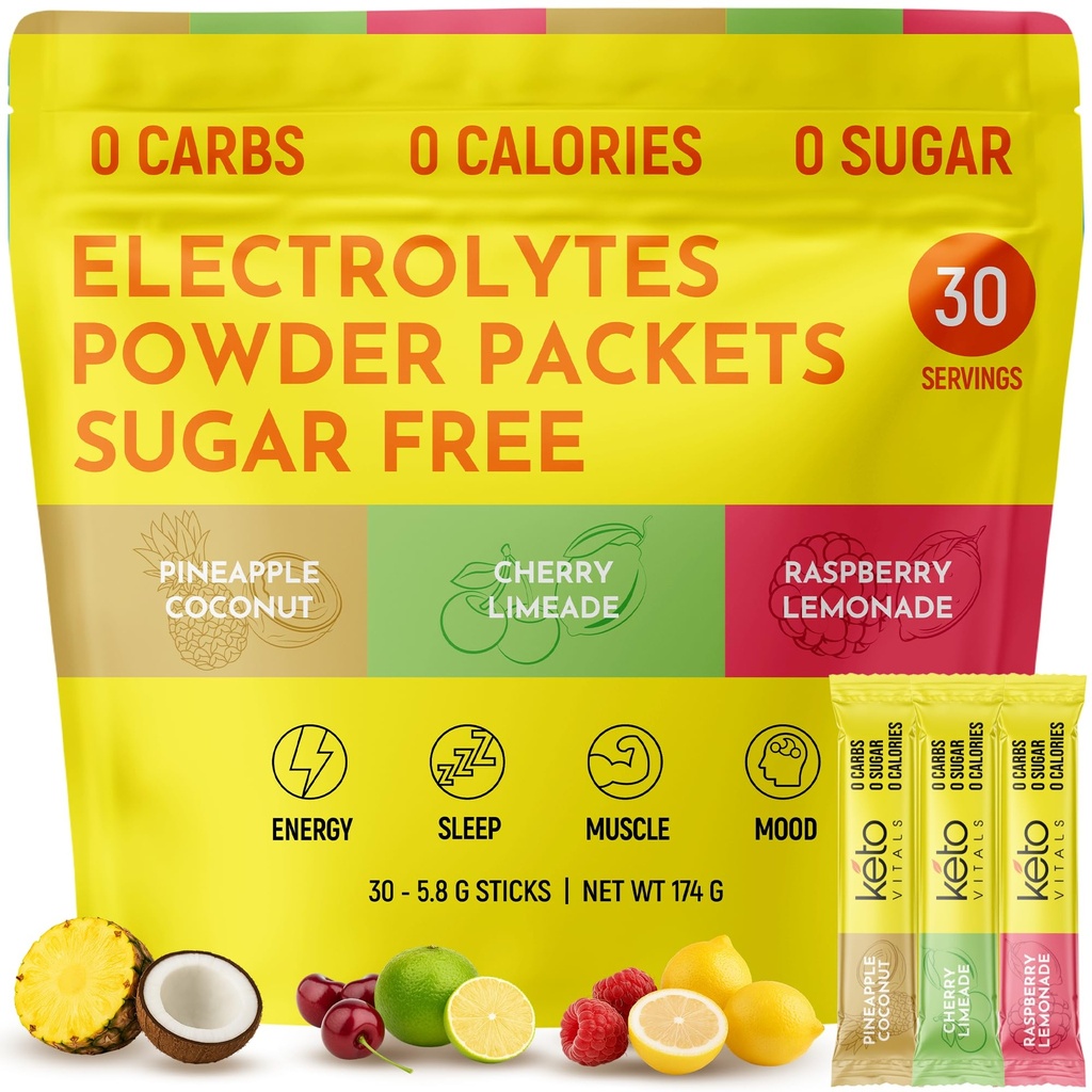 Keto Vitals Tropical Keto Electrolytes Poudre Sans Sucre - Electrolytes avec Potassium, Magnésium, Sodium et Calcium - Sans Sucre Electrolyte Poudre Packets Buvez Mix & Poudre d'hydratation, 30 portions