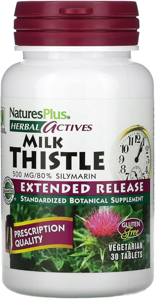 Natures Plus Herbal Actives Milk Thistle, Extended Release - 500mg, 80% Silymarin, 30 Vegetarian Tablets - Gluten-Free - 30 Servings