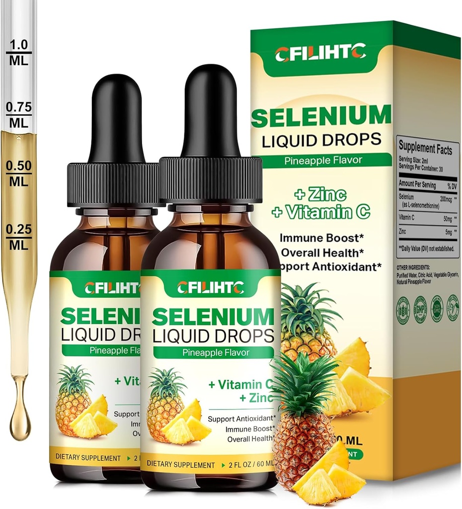 2 paquets de gouttes liquides de sélénium, 200 mcg de supplément de sélénium liquide avec vitamine C et zinc, soutien du système immunitaire, antioxydant et santé cardiaque, haute absorption, ananas