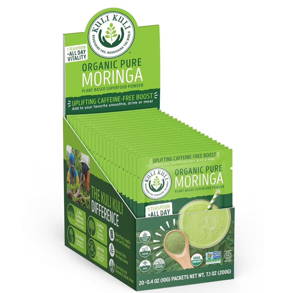 Kuli Kuli Moringa Oleifera Poudre de feuille biologique et smoothie verte, 100% pur USDA Certifié et poudre de moringa non-OGM, idéal avec smoothies, thé et aliments, 0.4 Ounce, paquet de 20 (KK PM)