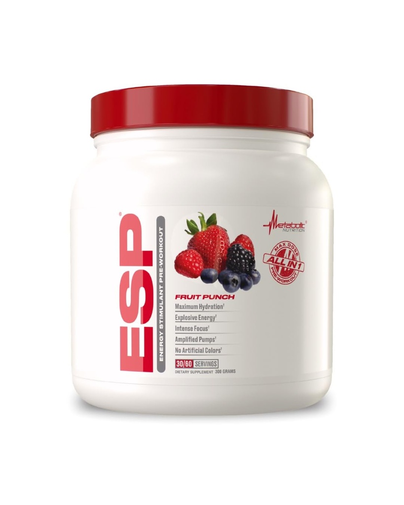 Nutrition métabolique, ESP, énergie et endurance stimulant la pré-entraînement, pré-entraînement intra, haute énergie et concentration mentale, supplément d'entraînement stimulant, punch de fruits, 300 grammes (90 portions)