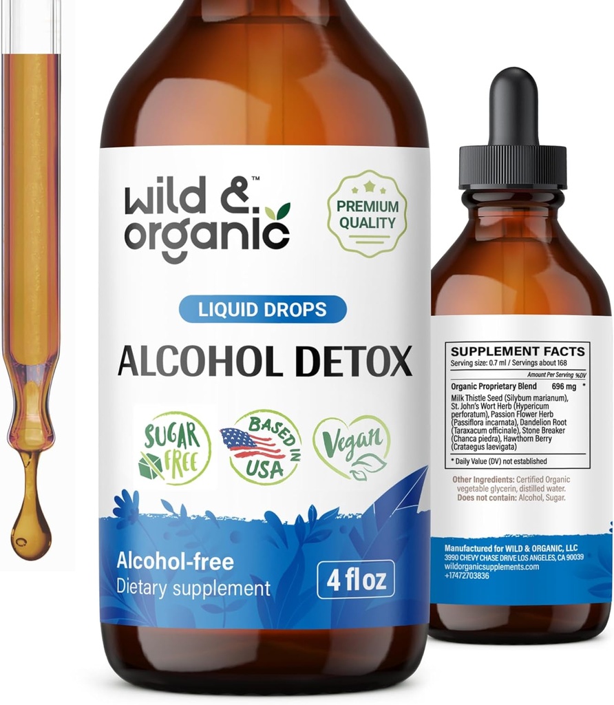 Détox d'alcool sauvage et biologique gouttes - Le foie et le rein nettoient avec le chardon de lait, Chanca Piedra Stone Breaker - Complexe anti-alcool pour le foie nettoient détox - végétalien, sans sucre et additifs - 4 fl oz